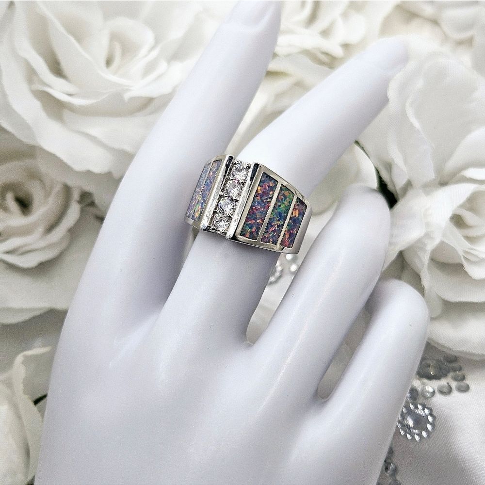 Moissanite & White Lavender Opal Cocktail Ring on 925 Sterling Silver - Picture 6 of 8